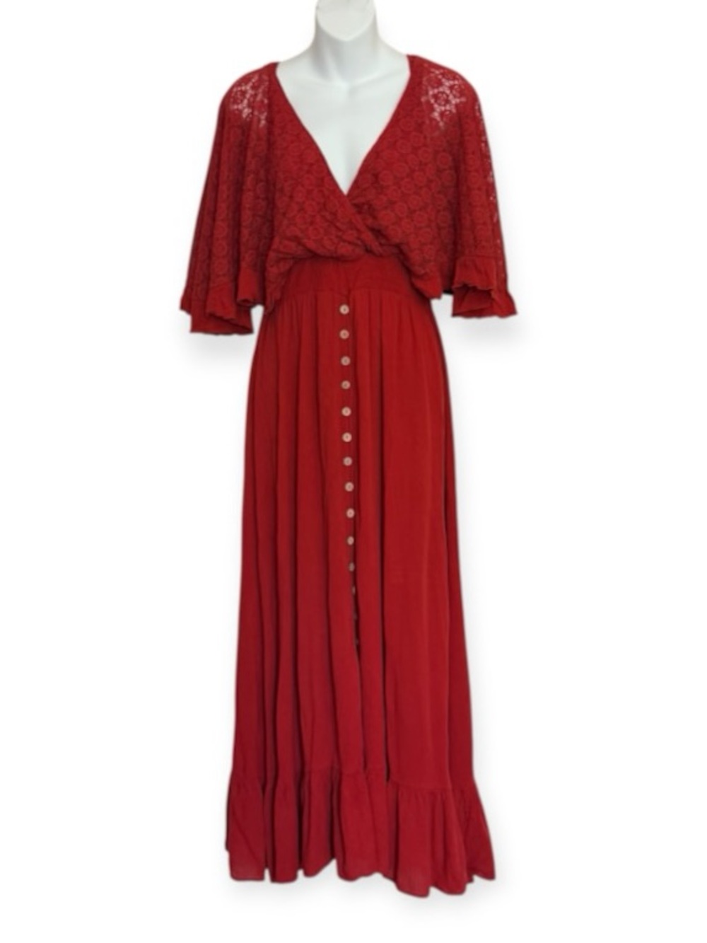 Easel Los Angeles Red V-Neck Boho Maxi Dress with Button Front Size Medium